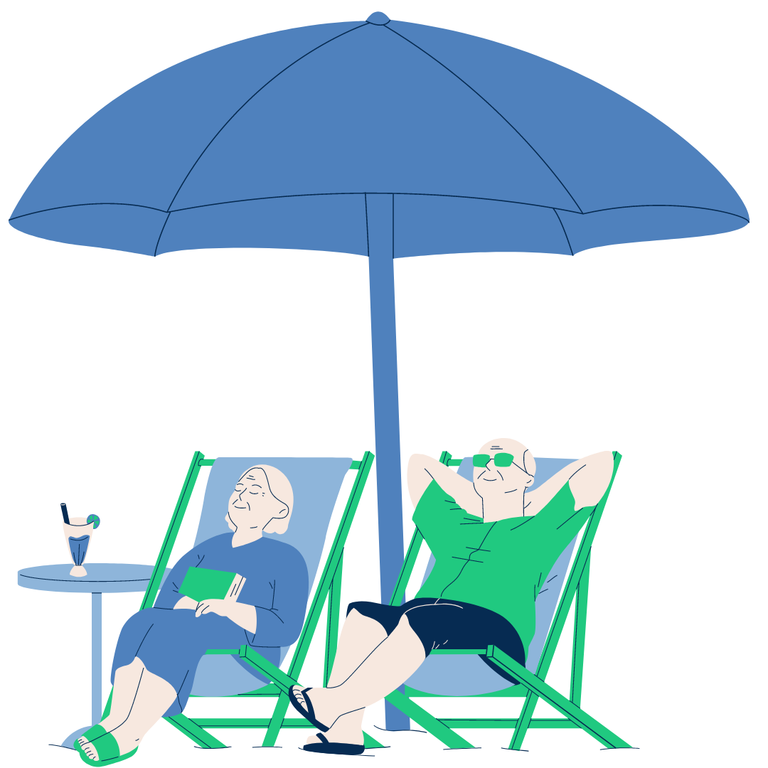 Relaxing elderly couple enjoying leisure time under a beach umbrella, sitting on deck chairs. One person reads a book while the other lounges, showcasing a carefree retirement lifestyle. A refreshing drink on the side table adds to the serene vacation scene.